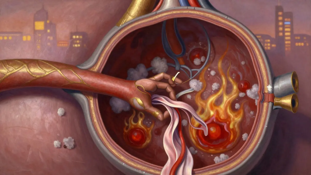 Croisement artério-veineux dans la rétine où une artère comprime une veine, avec des hémorragies et des taches blanches.