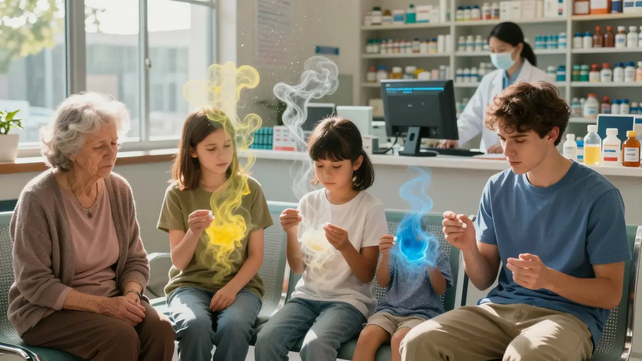 Des patients dans une pharmacie subissent des réactions invisibles, représentées par des halos colorés émanant de leurs pilules.