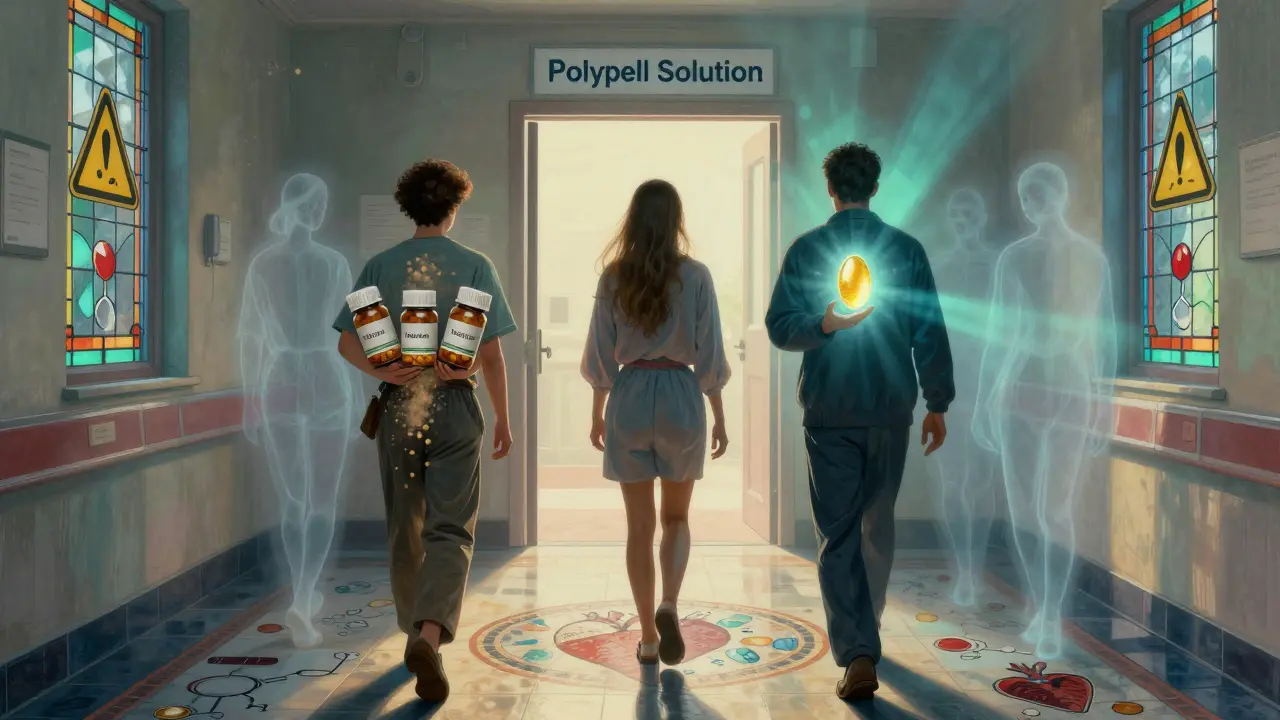 Des patients marchent vers une porte lumineuse portant une pilule unique, tandis que d'autres médicaments disparaissent dans l'ombre.