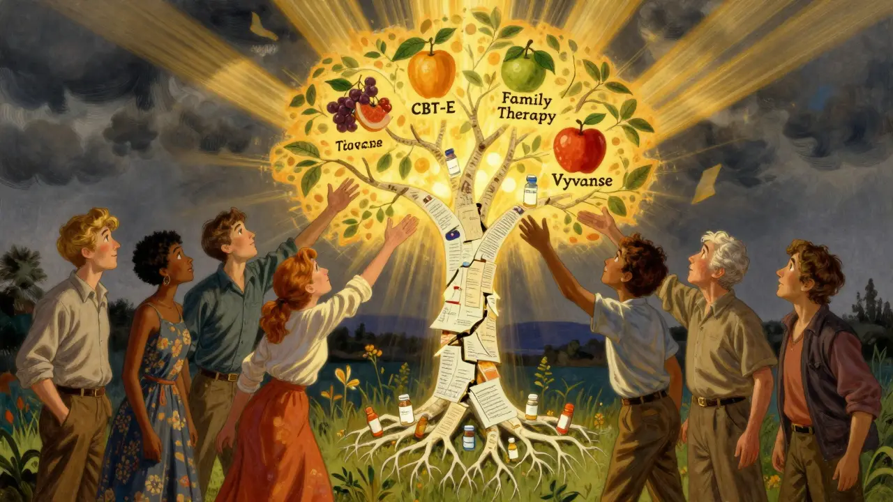 Des personnes de tous âges tendent la main vers un arbre magique dont les racines sont des traitements médicaux, sous un ciel qui s'éclaircit.