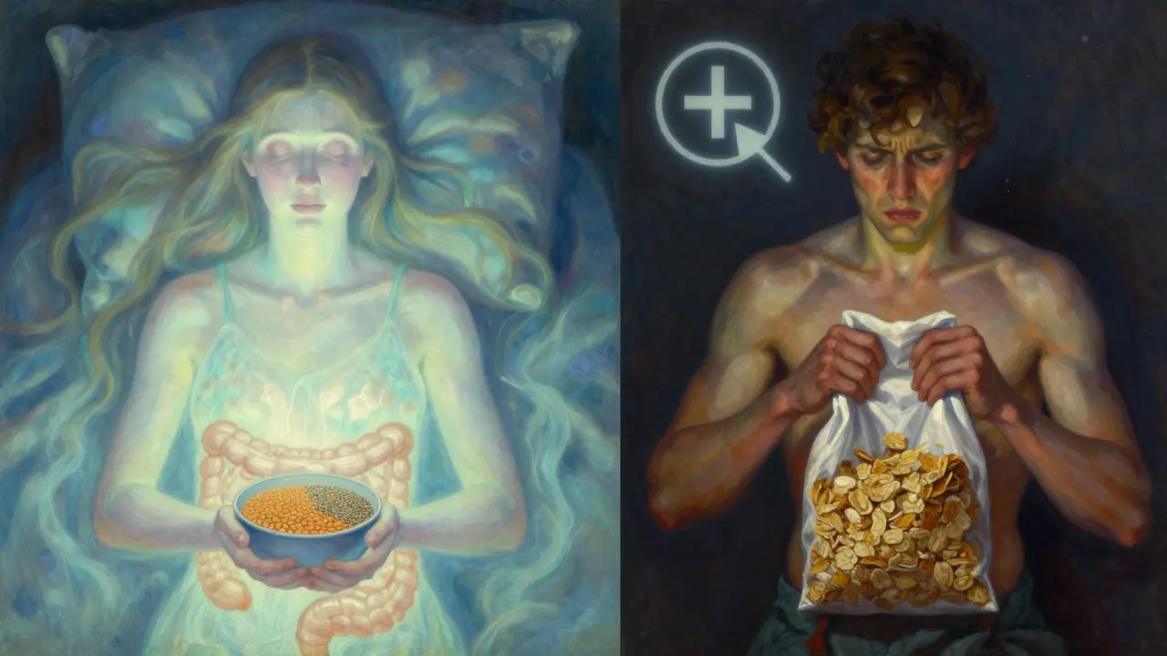 Deux personnages symbolisant l'équilibre des fibres : l'un apaisé, l'autre en détresse, dans un style pictural lumineux.