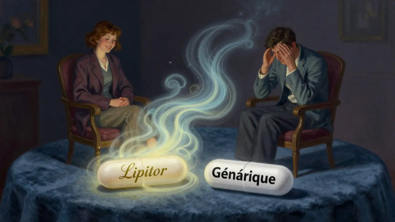 Deux pilules identiques étiquetées différemment, l'une brillante et l'autre sombre, entourées d'auras psychologiques.