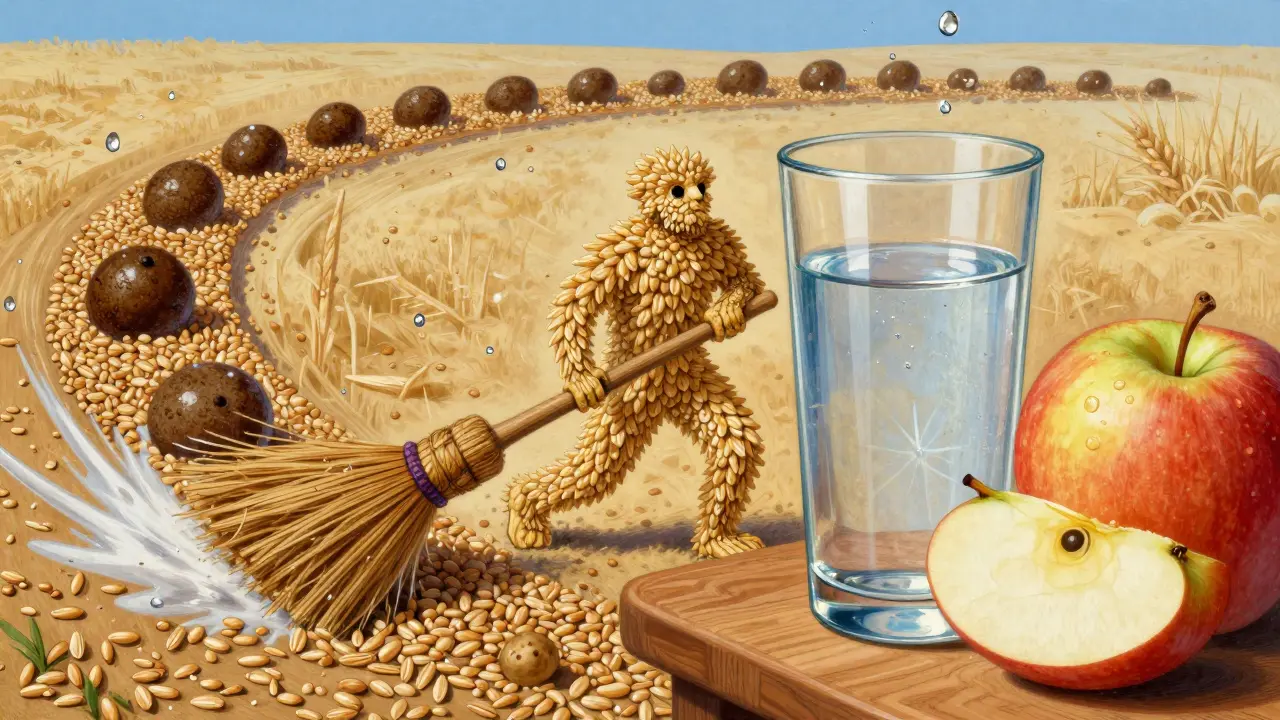 Figure balai en son de blé nettoyant l'intestin, accompagnée d'une pomme et d'un verre d'eau.