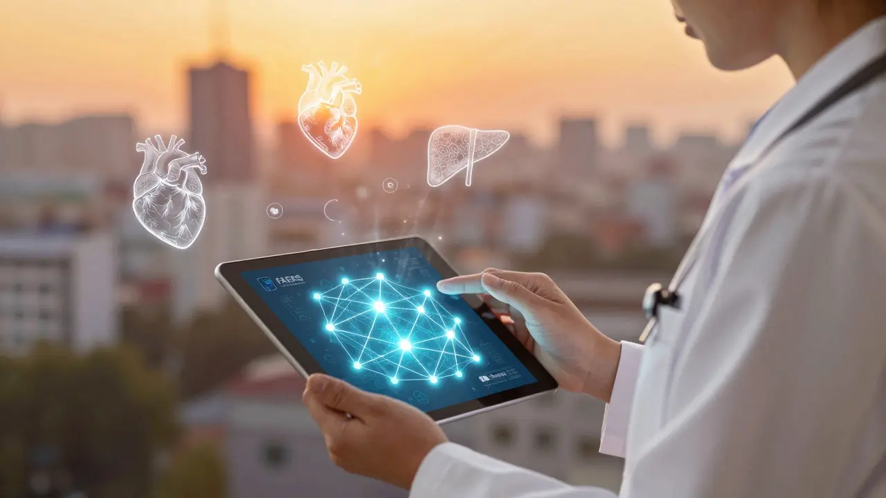 Médecin examinant un réseau de données médicales connectées avec icônes flottantes