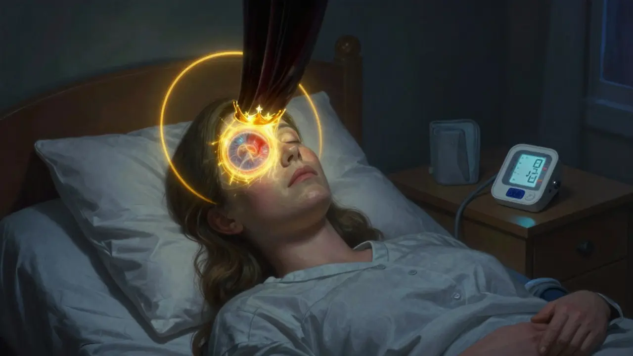 Patient endormi avec un voile noir descendant sur sa vision, sous un halo lumineux révélant un œdème du nerf optique.