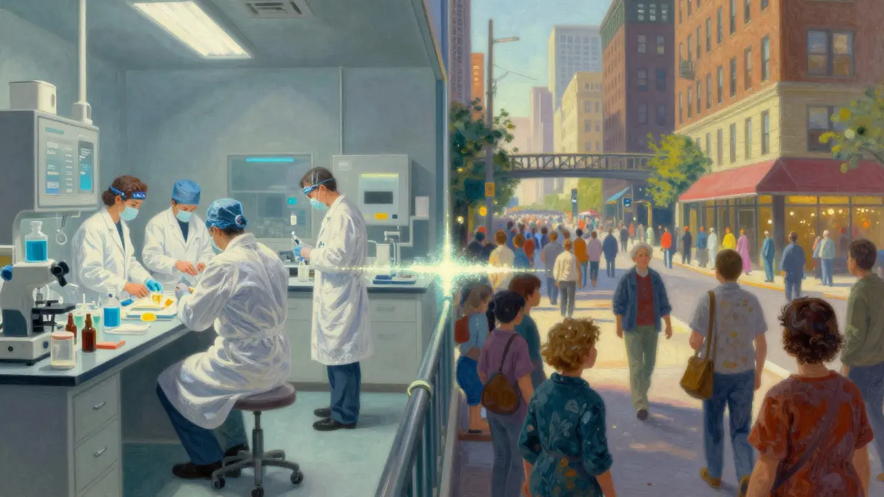 Scène divisée : essais cliniques à gauche, patients réels à droite, connectés par une lumière