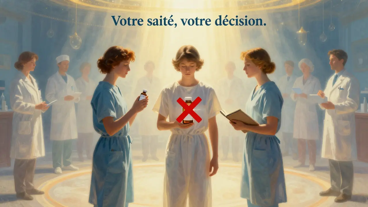 Trois patients dans un cercle de lumière, l'un tenant un médicament de marque, symbolisant le droit de choisir.