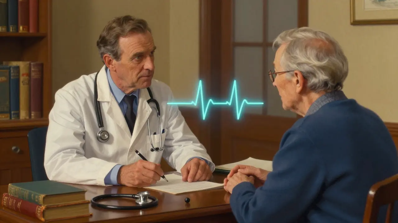 Un médecin interroge un patient âgé, avec un tracé ECG flottant entre eux.