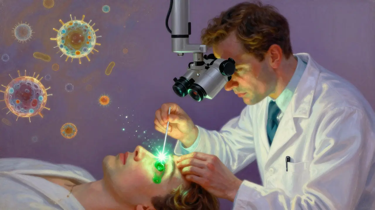 Un ophtalmologiste préleve un échantillon corneen sous une lampe brillante, avec un colorant vert qui irradie comme de la lumière céleste.