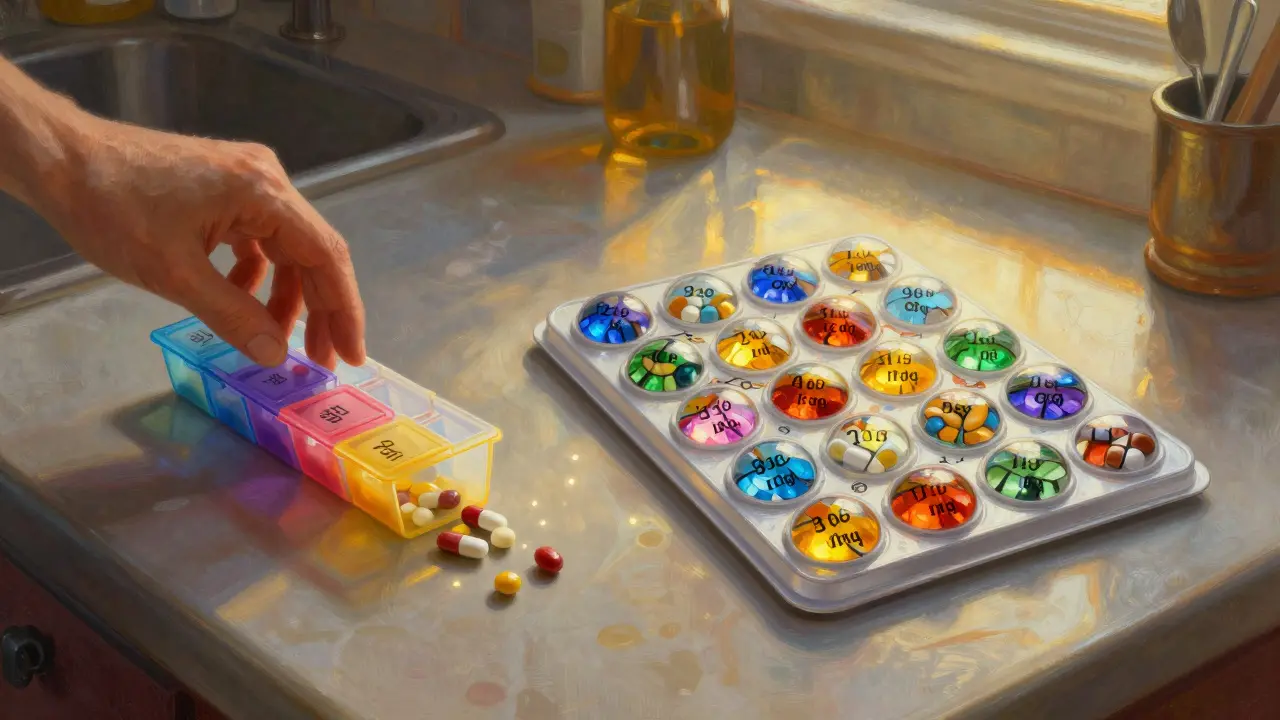 Un organisateur de pilules désordonné face à un blister parfaitement rangé, éclairé par une lumière dorée et mystique.