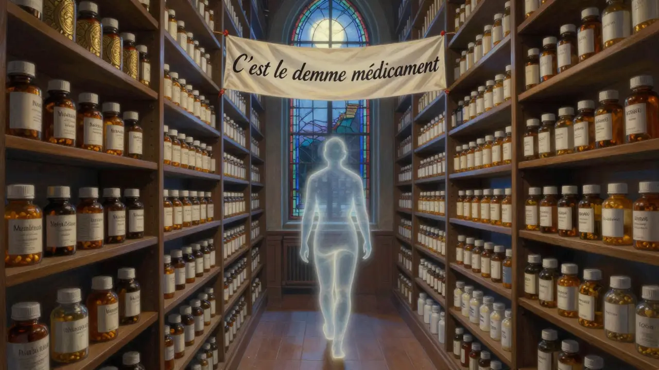 Un patient traverse une bibliothèque médicale, passant des médicaments stigmatisés aux médicaments réassurants, sous une lumière douce.