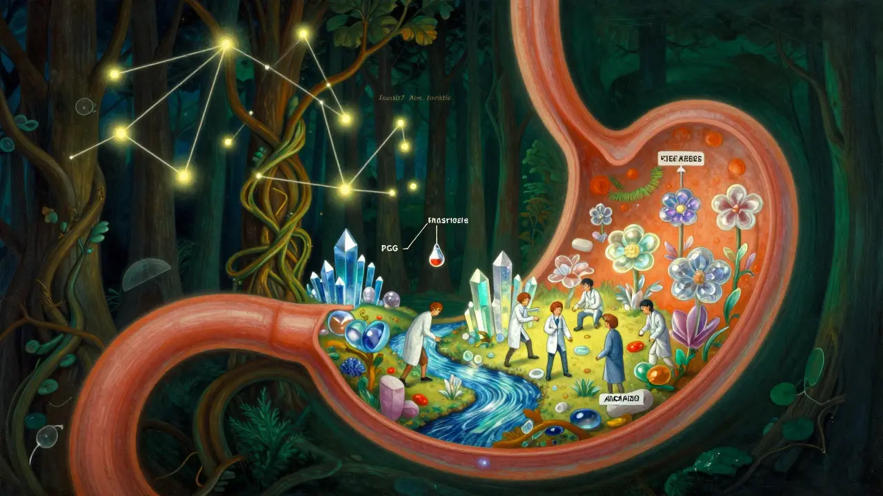 Un paysage intérieur de l'estomac où les excipients prennent forme de forêt magique, sous un ciel étoilé de signaux d'alerte.