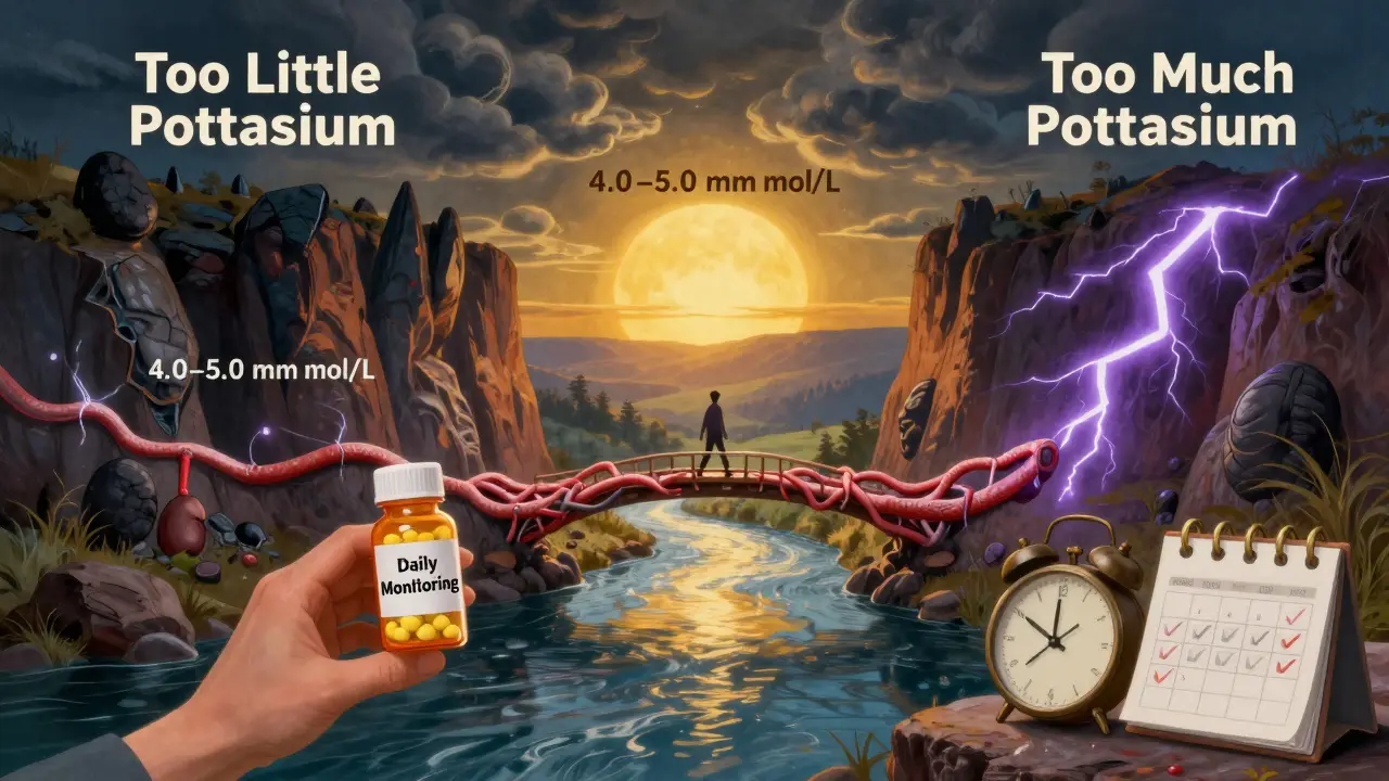 Un paysage symbolique montrant l'équilibre délicat du potassium chez un patient en insuffisance cardiaque.