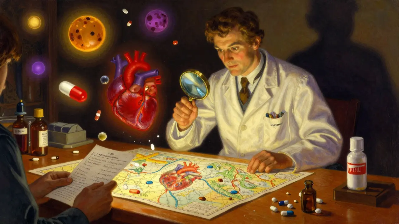 Un pharmacien examine une carte du cœur avec des pilules flottantes, certaines lumineuses, d'autres rouges, dans un style onirique.