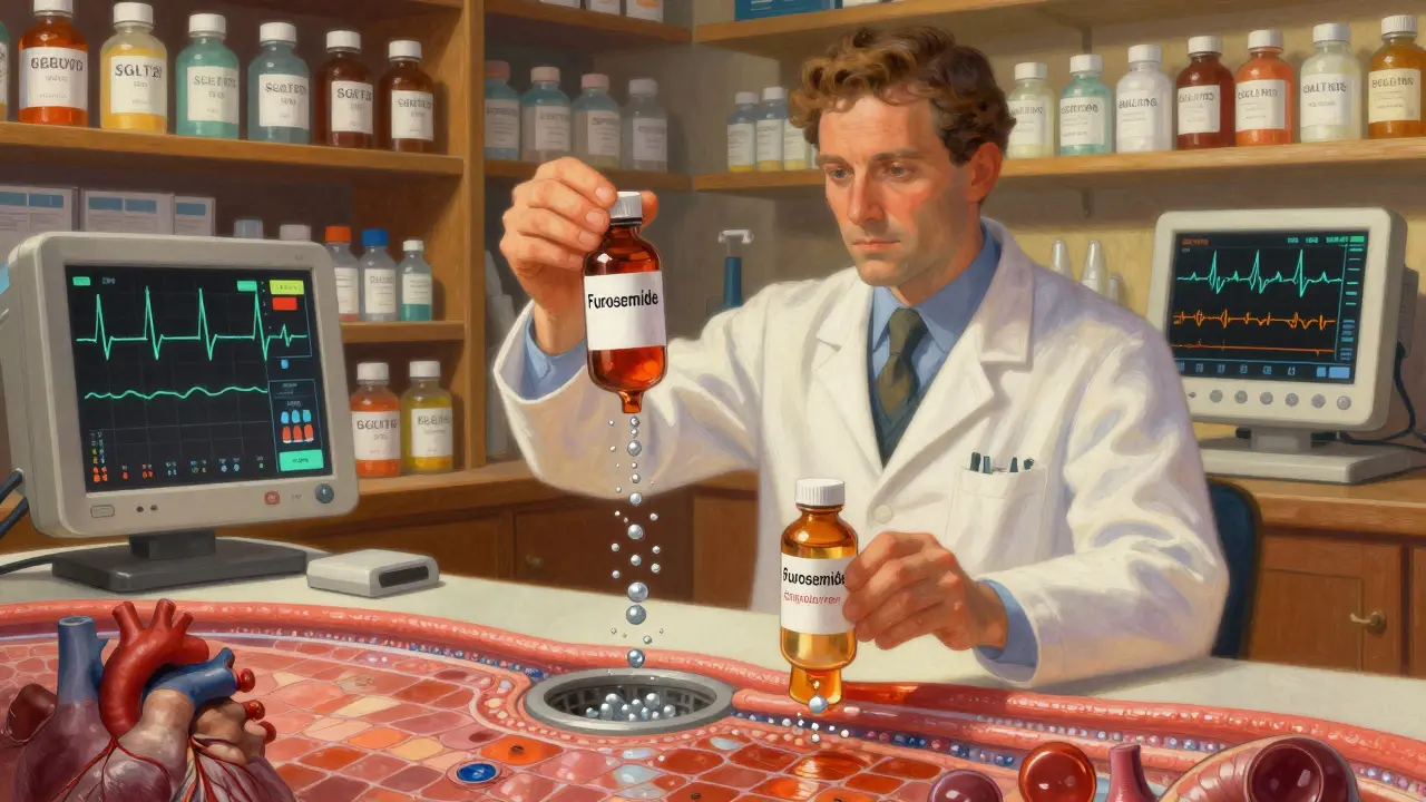 Un pharmacien qui équilibre les effets des diurétiques et du spironolactone sur les ions potassium dans un laboratoire lumineux.