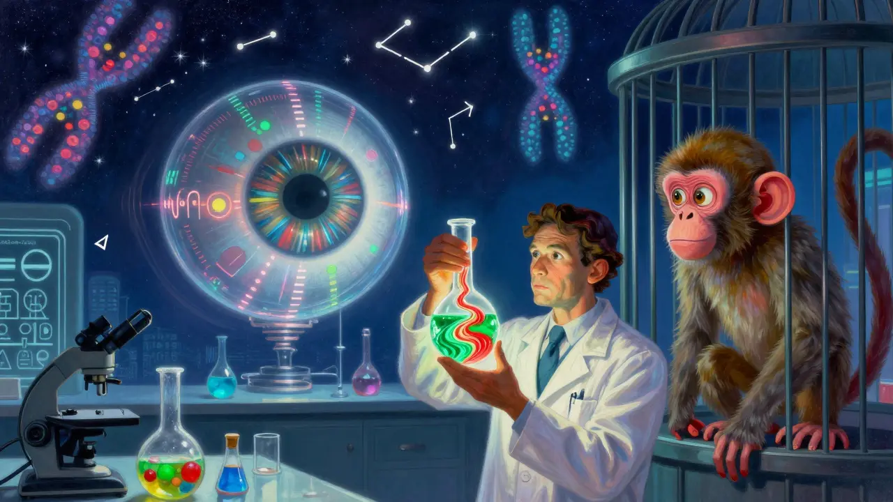 Un scientifique dans un laboratoire lumineux observant un œil humain et un singe découvrant la couleur pour la première fois.