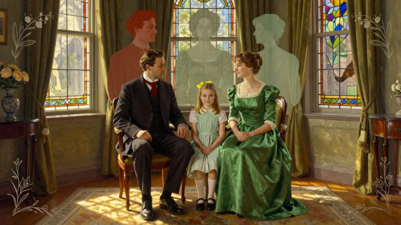 Une famille dans un salon victorien où les couleurs perçues diffèrent entre les membres, éclairée par une lumière dorée et des motifs floraux délicats.