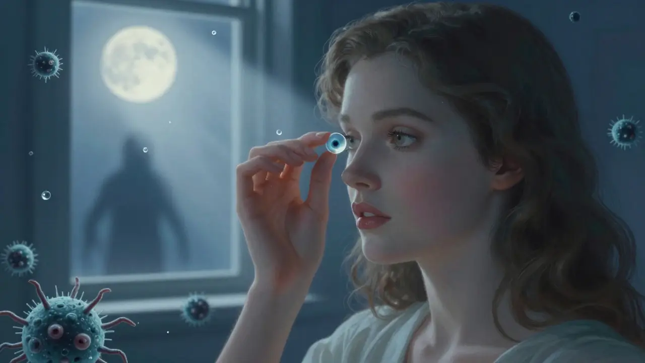 Une femme retirant une lentille de contact pendant la nuit, une créature microbienne cachée sous elle dans une ambiance crépusculaire.