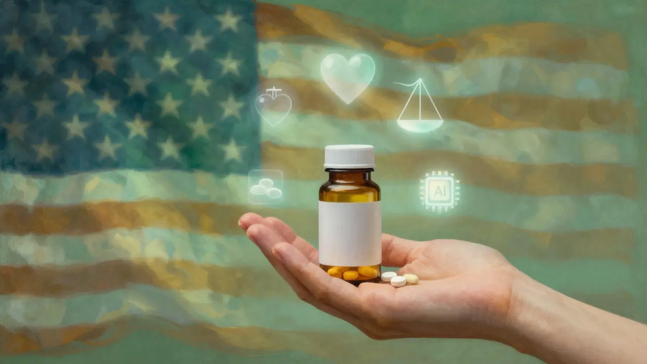 Une main tenant un flacon de médicament, entourée de symboles flottants : un cœur, une balance et un puce AI, dans une lumière douce.