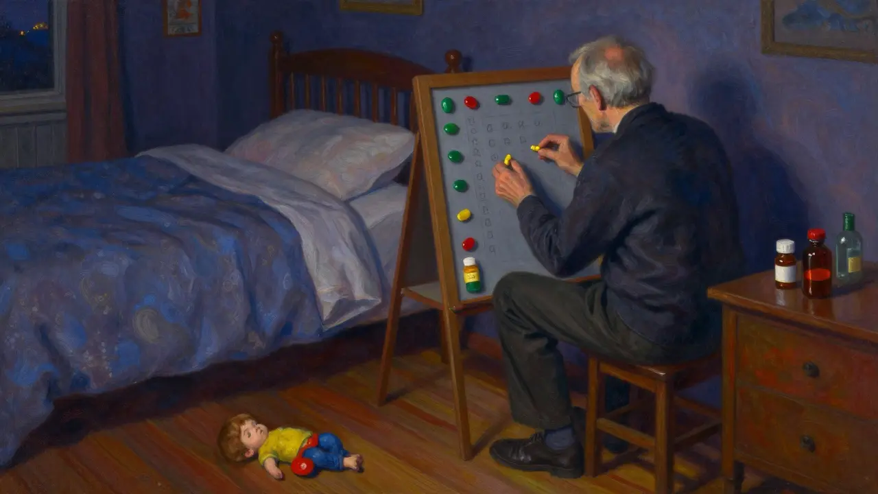 Une personne âgée utilise un tableau magnétique pour suivre ses médicaments, avec des aimants colorés, dans une chambre douillette au crépuscule.