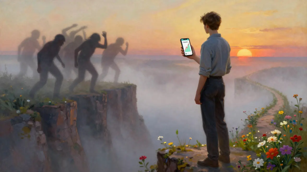 Une personne face à l'aube, tenant un téléphone affichant une amélioration de son humeur, les ombres de la dépression s'estompent derrière elle.