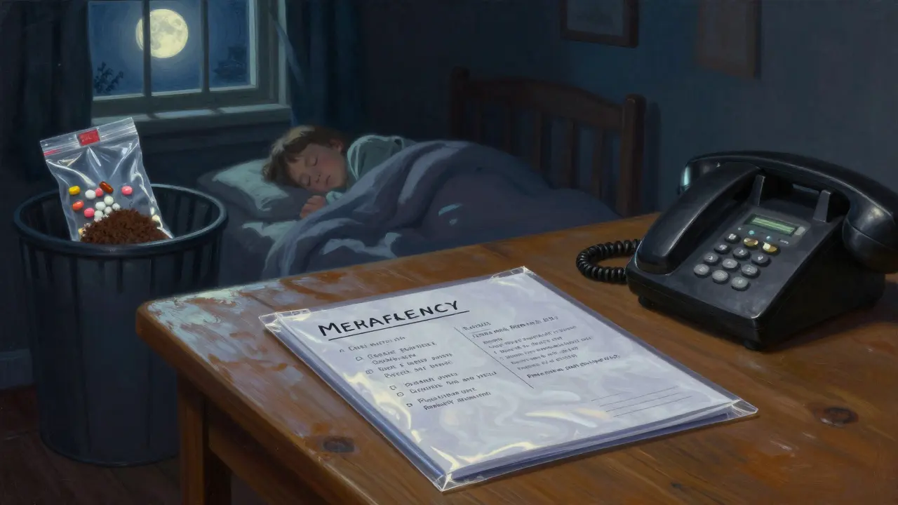 Une trousse d'urgence ouverte avec des informations essentielles, près d'un enfant endormi, sous un éclairage lunaire doux et des ombres élégantes.