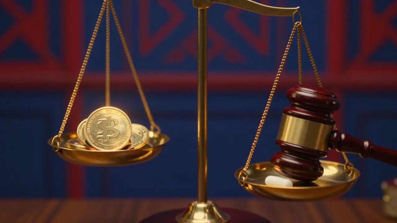 Balance de la justice pesant des pièces et une pilule sous une lumière dramatique.