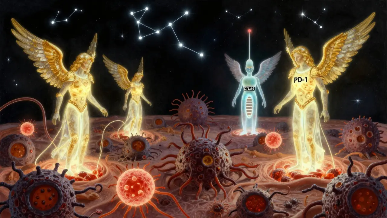 Des lymphocytes comme des anges combattent des cellules cancéreuses, sous la lumière des anticorps immunothérapeutiques.