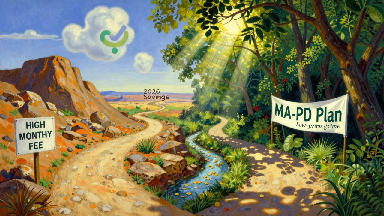 Deux chemins symboliques représentent les plans PDP et MA-PD, l'un difficile et l'autre fleuri, sous un ciel lumineux avec des pièces de monnaie.