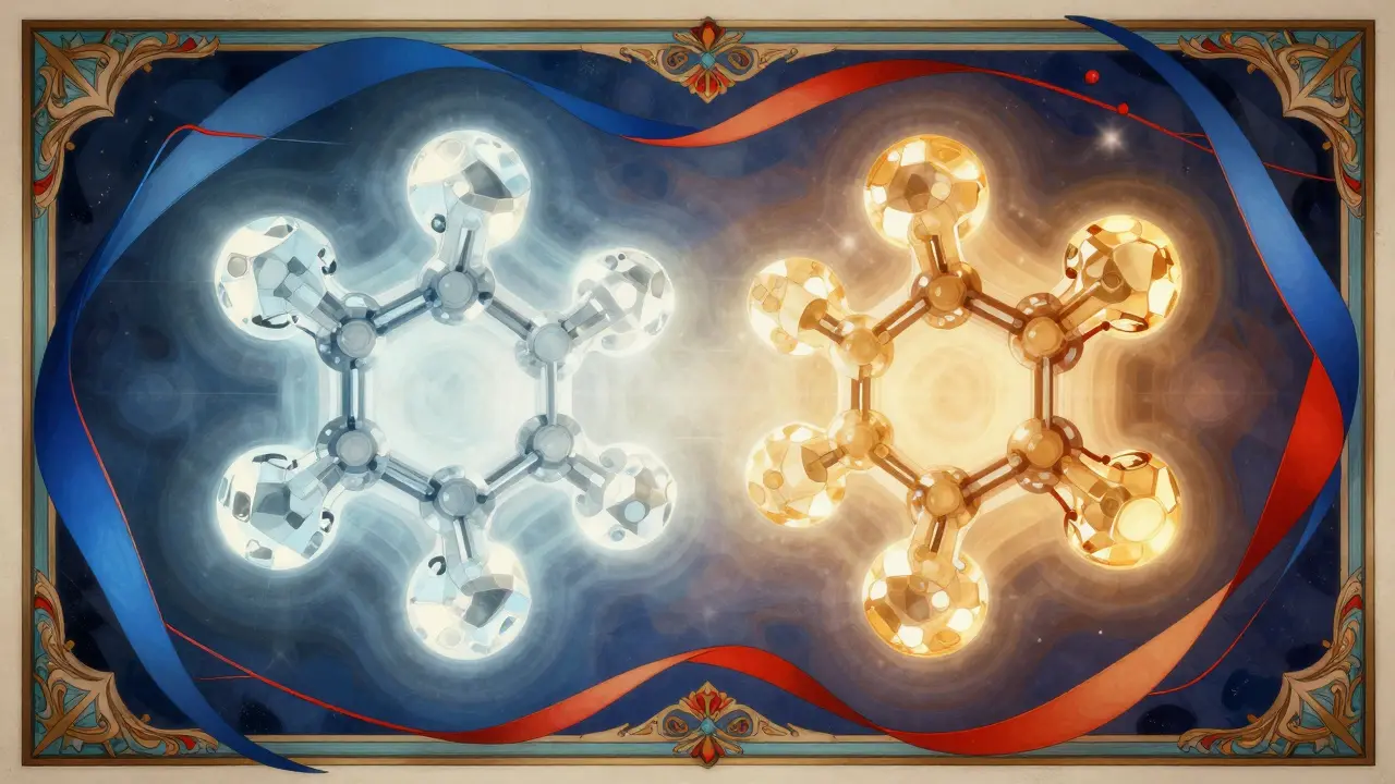 Deux structures moléculaires lumineuses représentant la bioéquivalence des médicaments.
