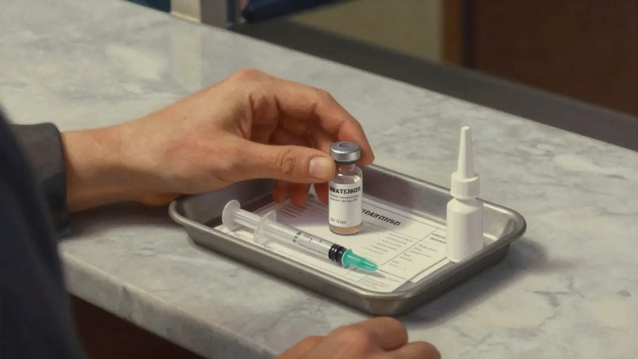 Main tenant un flacon d'insuline dans son emballage d'origine, avec une ordonnance imprimée et d'autres fournitures médicales.