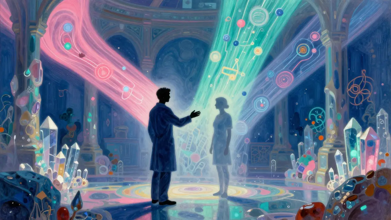 Médecin entouré de lumières symbolisant l'intégration de ressources numériques.