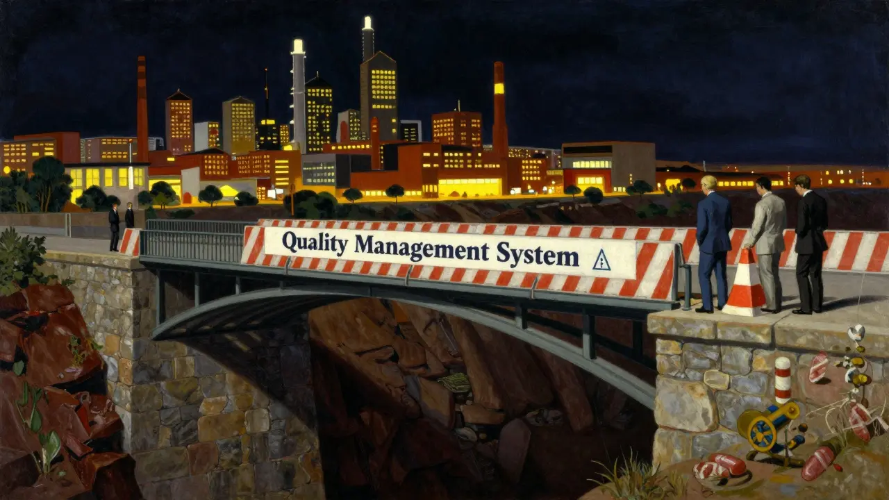 Pont symbolique reliant les risques à l'industrie pharmaceutique.