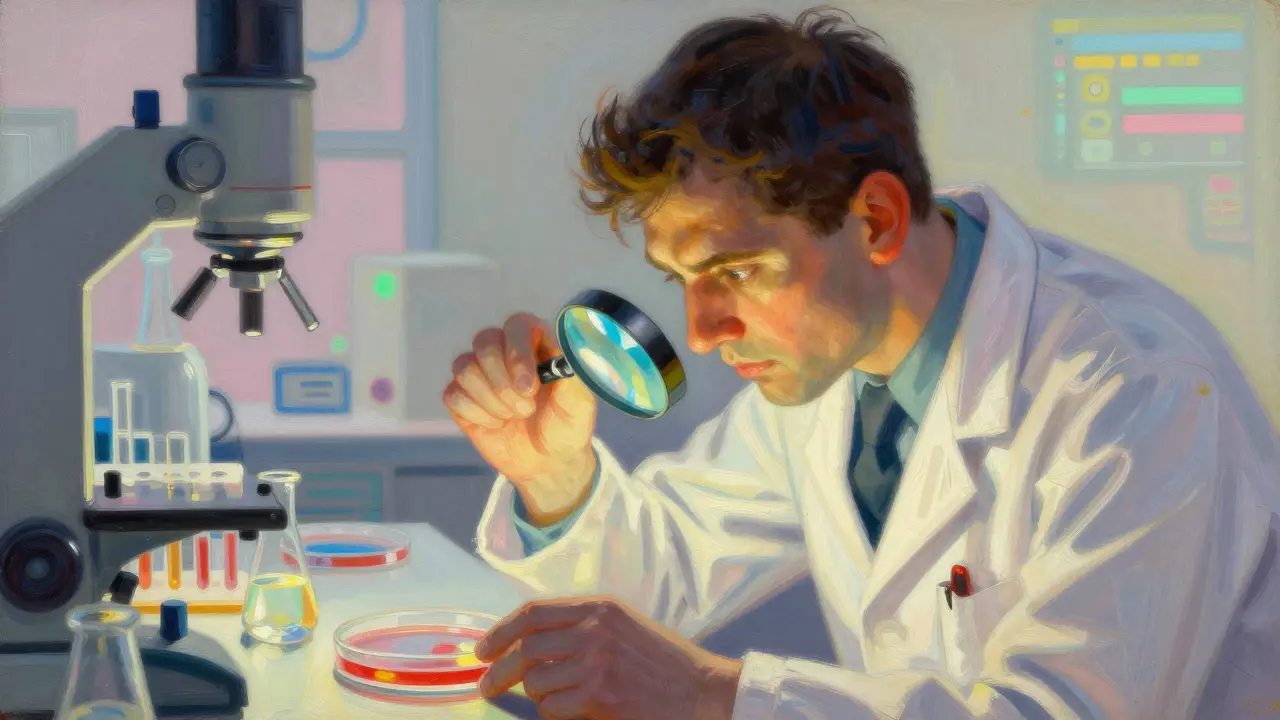 Scientifique examinant un échantillon dans un laboratoire détaillé.