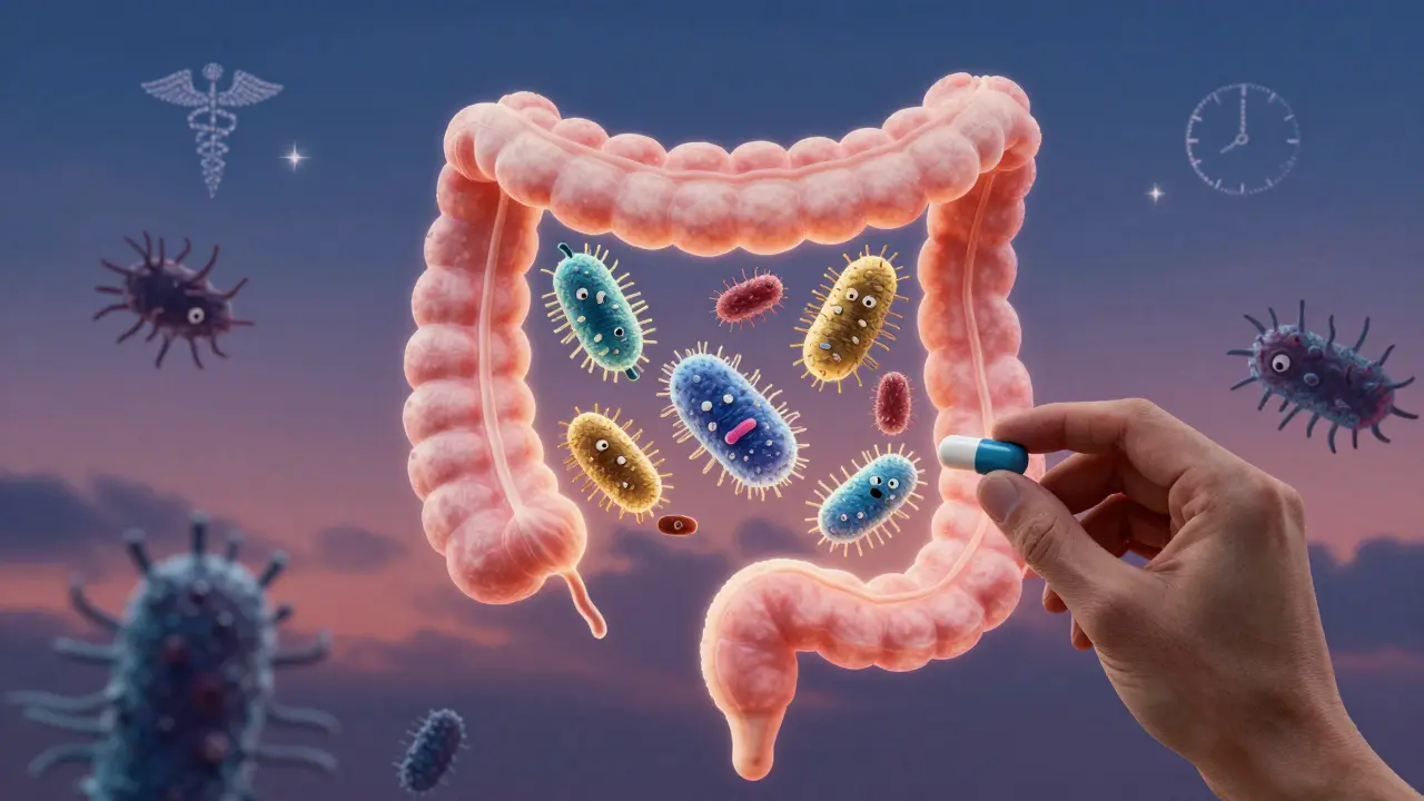 Un intestin lumineux reçoit des probiotiques dorés, tandis que des bactéries sombres reculent dans le ciel crépusculaire.
