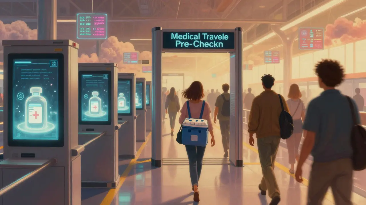 Un passage sécurisé aéroportuaire futuriste où une IA reconnaît automatiquement les dispositifs médicaux des voyageurs.