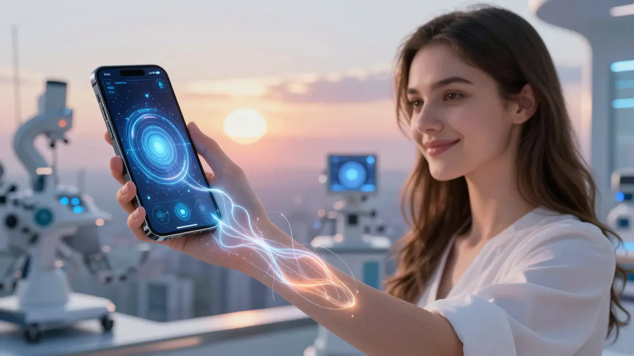 Un patch bioélectrique lumineux sur le bras connecté à un smartphone, dans un décor onirique.