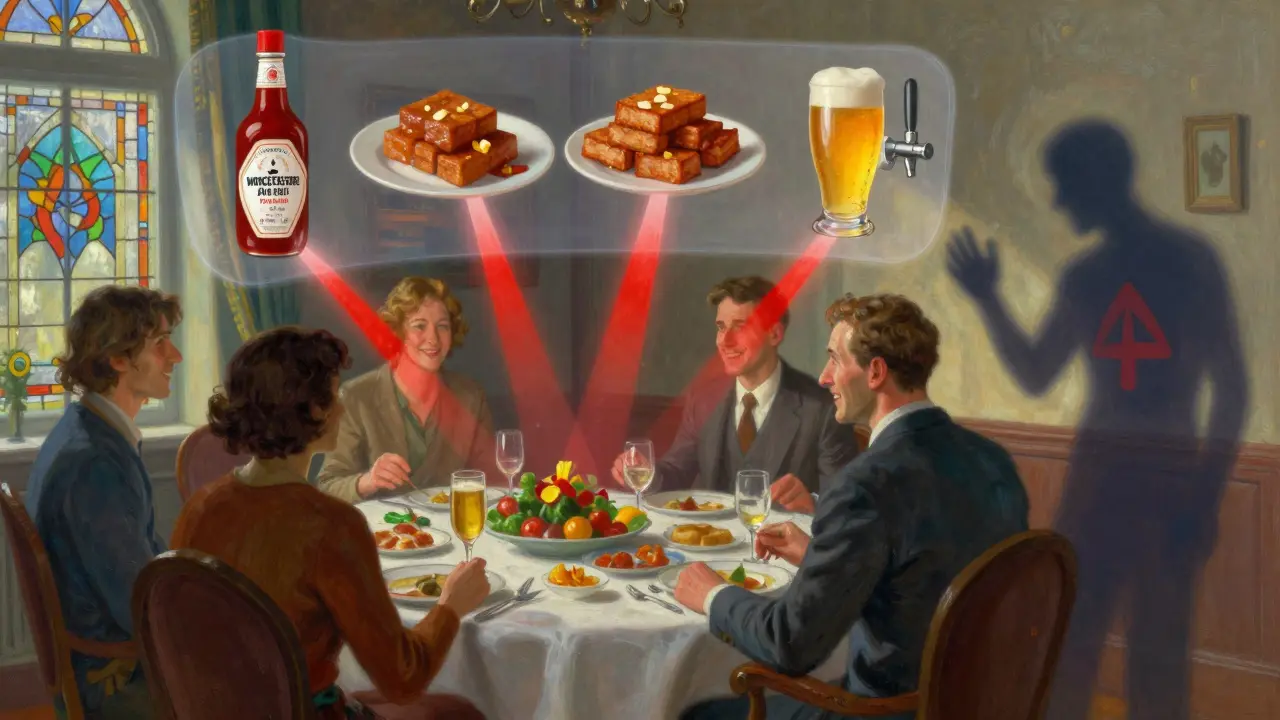 Un patient seul à table, entouré d'amis, tandis que des aliments cachés émettent des rayons rouges menaçants.