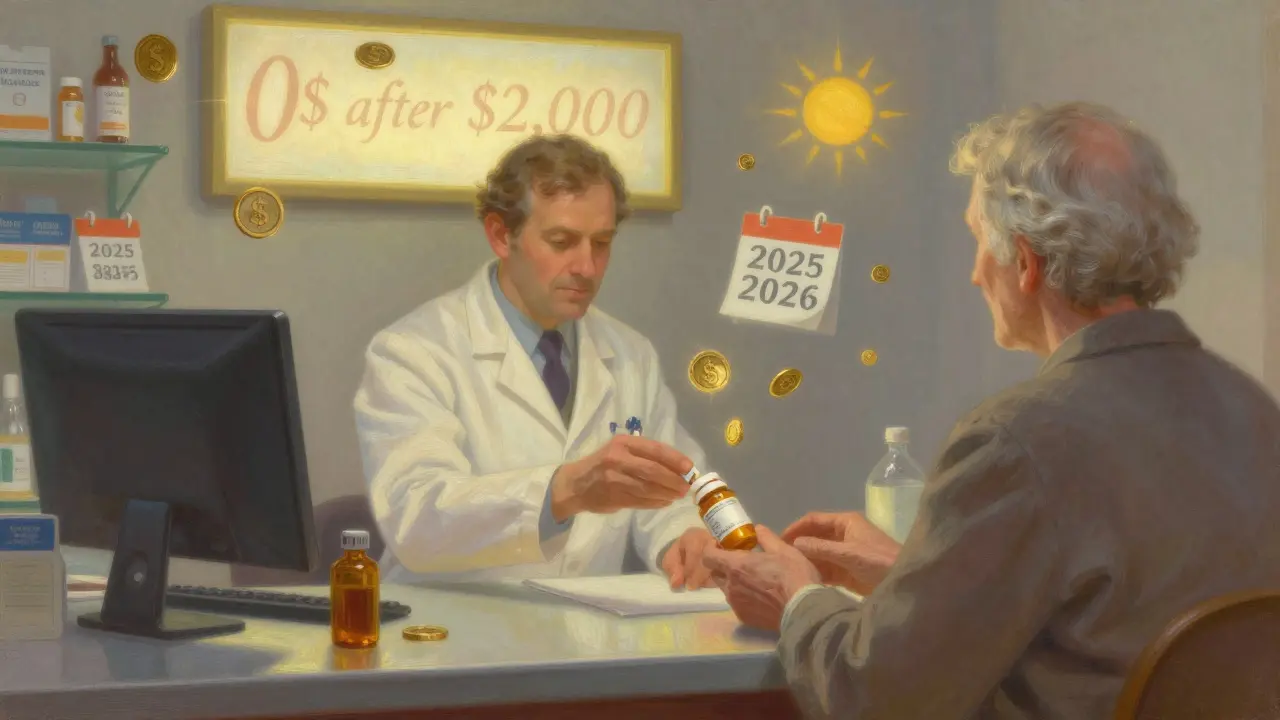 Un pharmacien remet un médicament générique à un patient âgé, sous un panneau lumineux indiquant '0 $ après 2 000 $'.