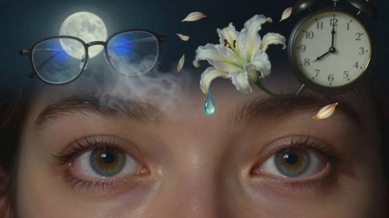 Un plan rapproché d'yeux reflétant un écran doux, entouré de larmes, de lunettes et d'une horloge flottante dans une lumière lunaire.