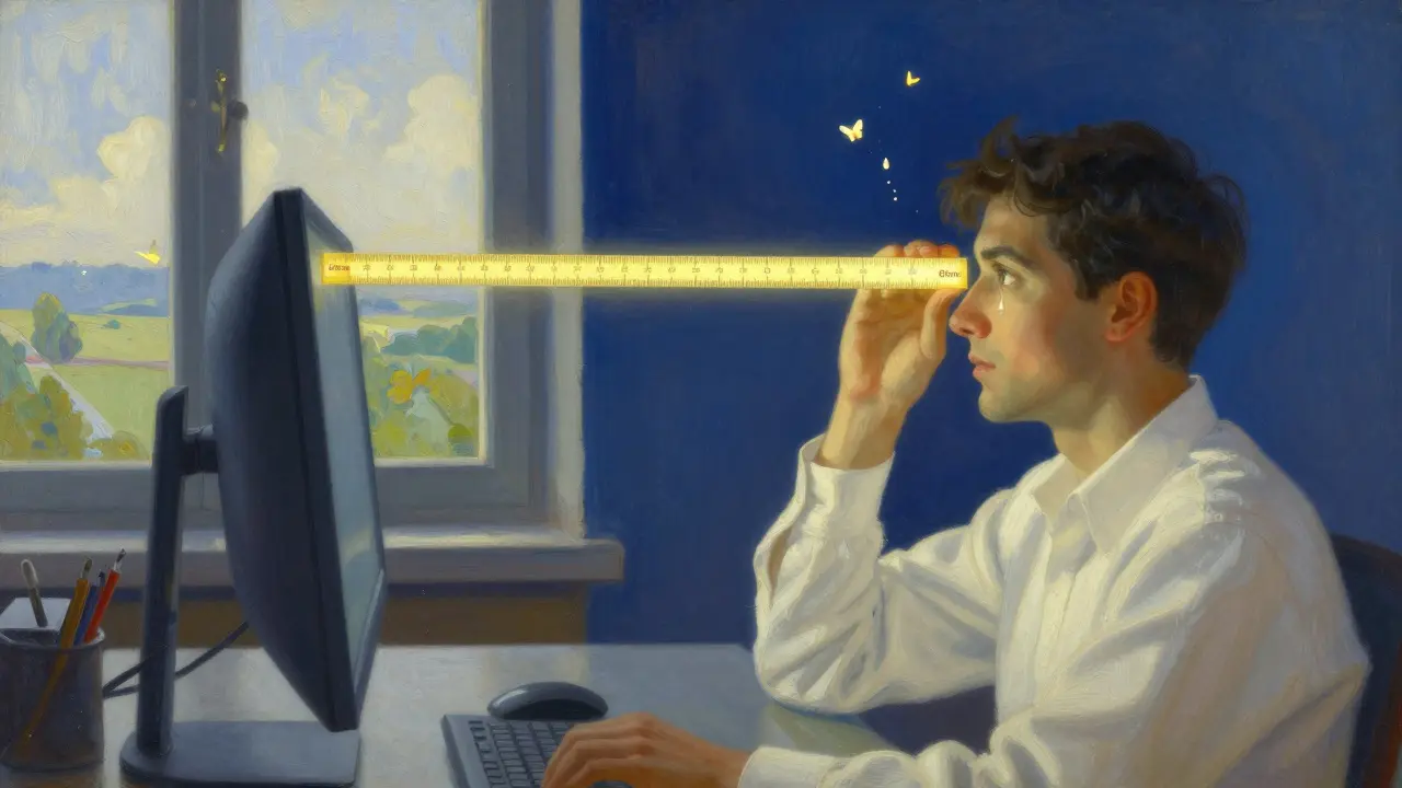 Un travailleur ajuste son écran à hauteur des yeux, une règle dorée marque la distance idéale, des larmes se transforment en papillons.