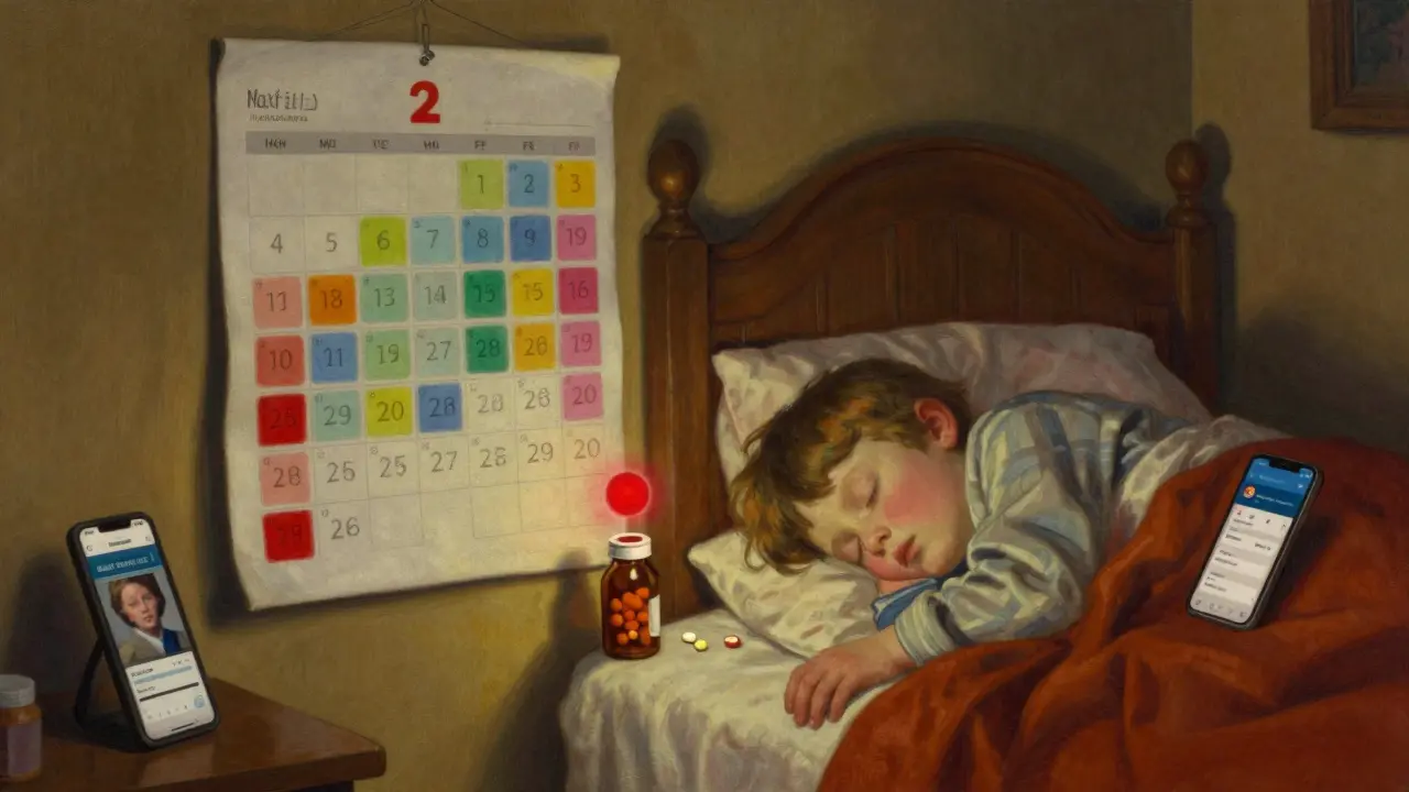 Une famille utilise un calendrier peint à la main pour suivre les prises médicamenteuses, avec une alerte rouge au-dessus d'une bouteille oubliée.