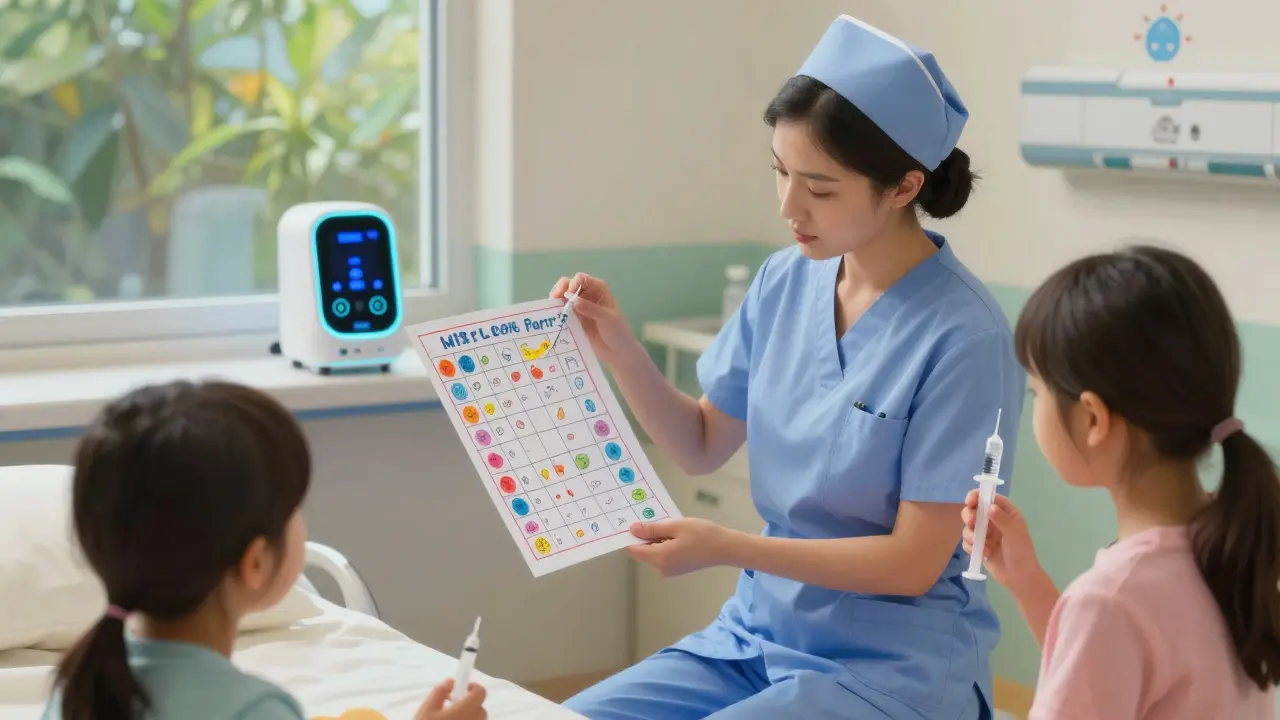 Une infirmière enseigne à un parent l'utilisation d'une seringue orale avec un tableau coloré et un distributeur intelligent en arrière-plan.