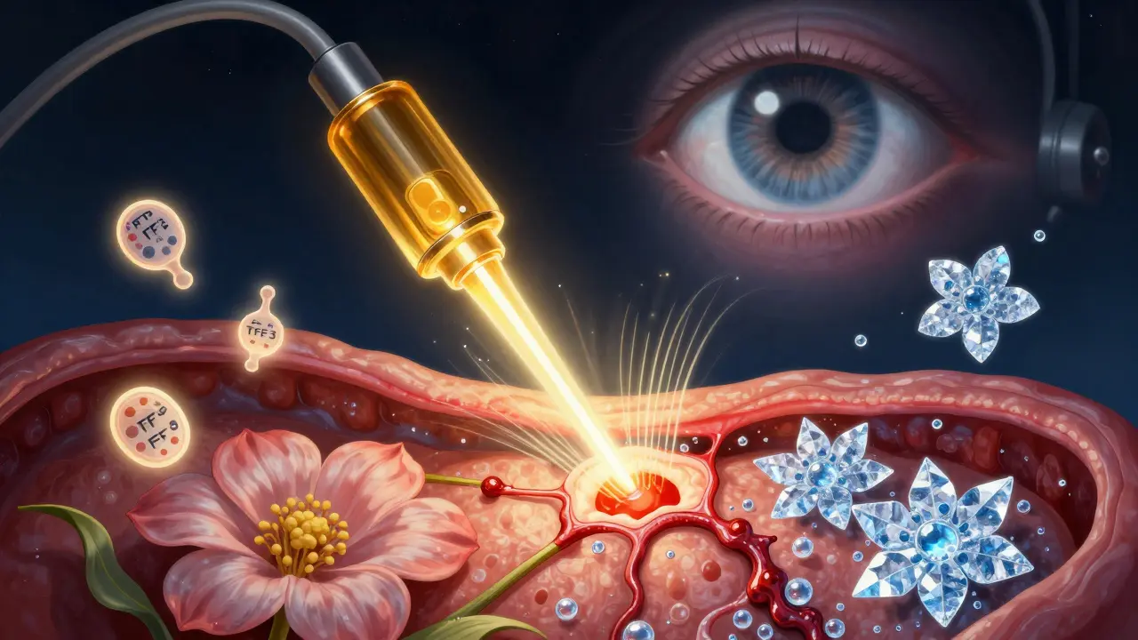 Une intervention d'ablation par radiofréquence et cryo, avec une régénération de la muqueuse et des biomarqueurs lumineux flottants.