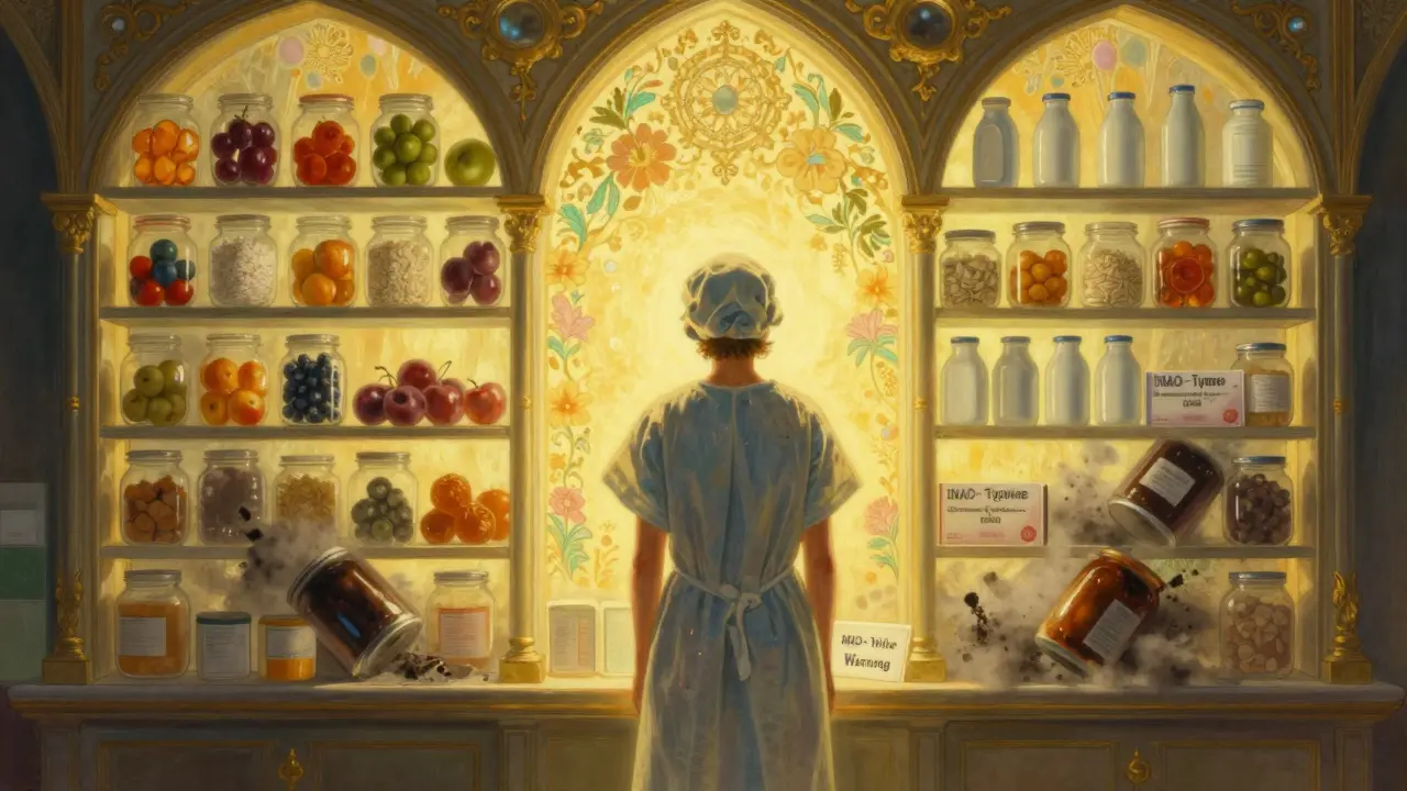 Une personne dans un hôpital tenant une carte d'alerte, devant des étagères de nourriture sûre baignée de lumière dorée.