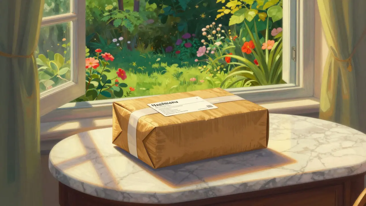 Colis de médicaments reçu en toute sécurité dans un intérieur lumineux et paisible.