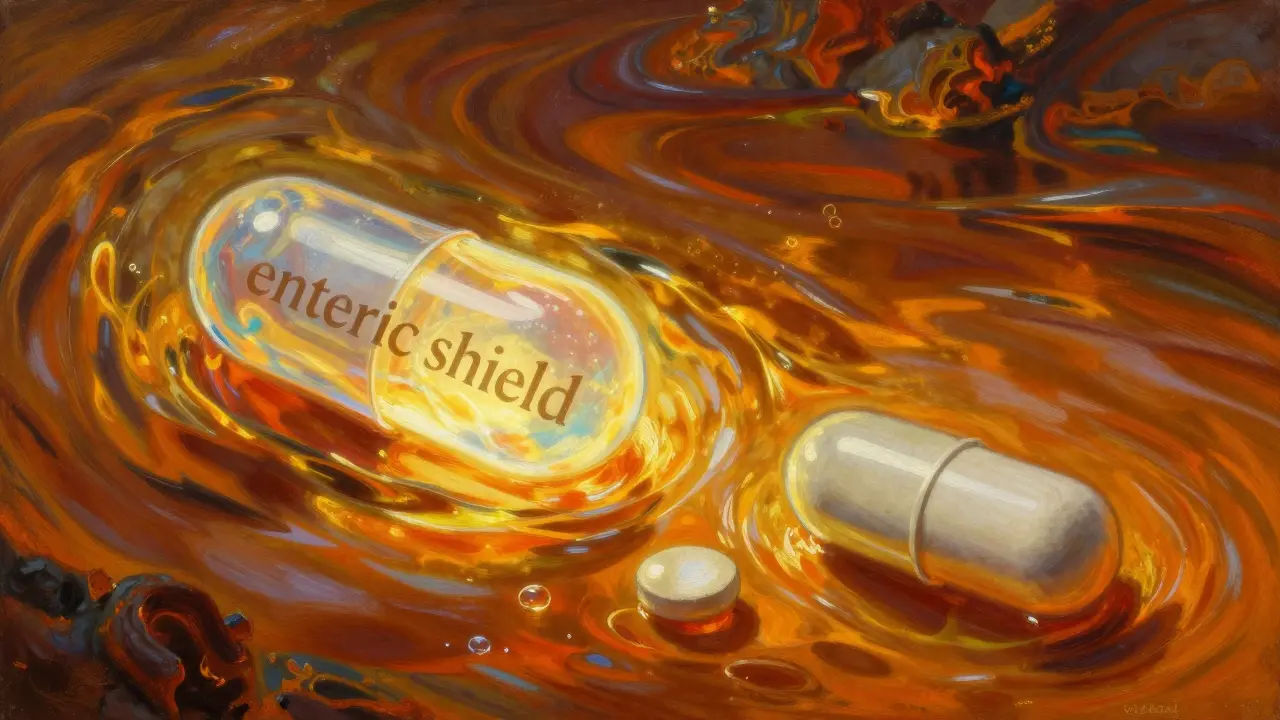 Comparaison visuelle entre une capsule protégée et une capsule sans protection dans l'acide gastrique.