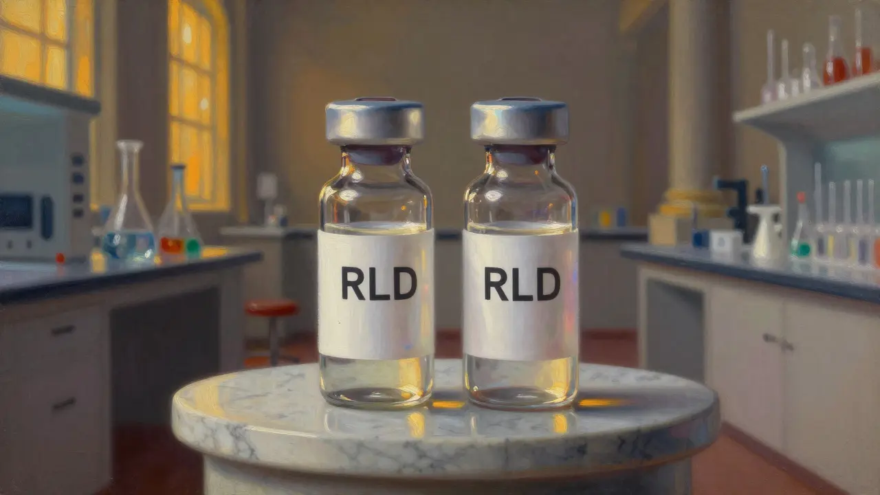 Deux flacons de médicaments identiques sur un piédestal, illustrant la bioéquivalence.