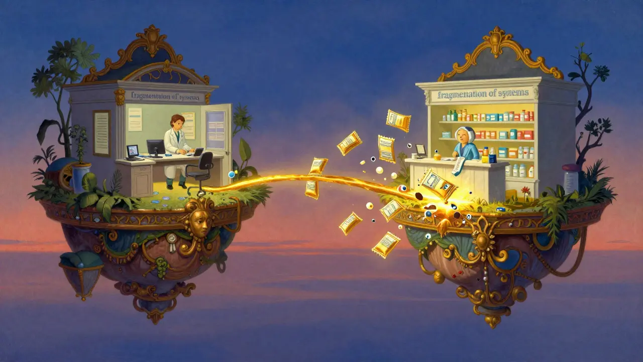 Flux de données fragmenté entre un cabinet médical et une pharmacie.