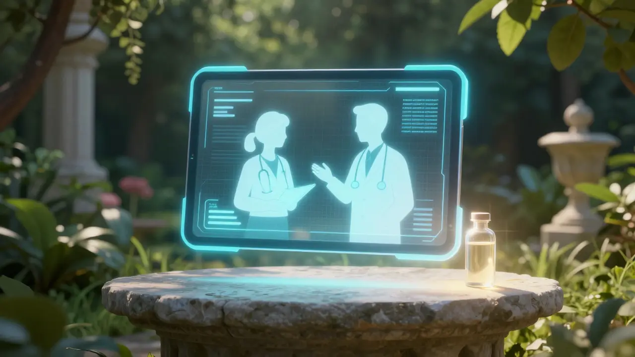 Interface de consultation médicale lumineuse dans un jardin classique et éthéré.